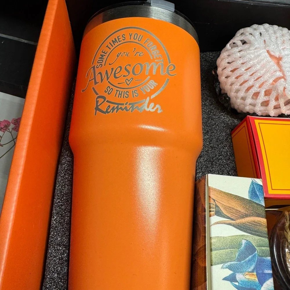 Just For You Gift Set Orange Tumbler Spa Kit Candle Soap Bath Salts Crown Holder
